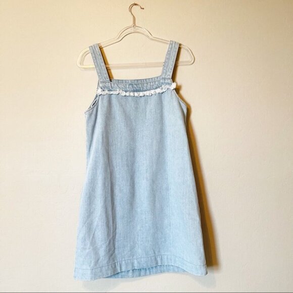 Vince Camuto Denim Fringe Overall Shift Dress Cotton Front Pockets XS Jumper - Picture 3 of 4